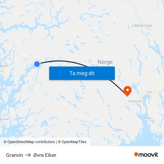 Granvin to Øvre Eiker map