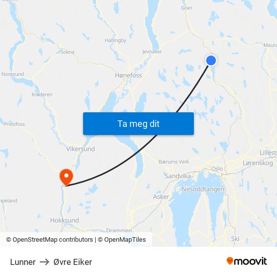 Lunner to Øvre Eiker map