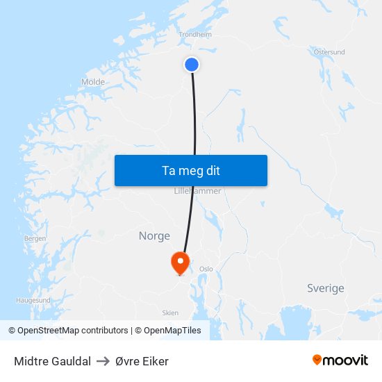 Midtre Gauldal to Øvre Eiker map