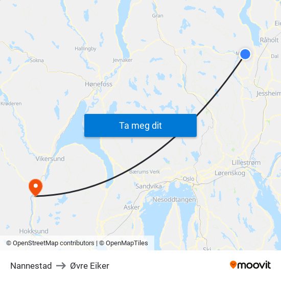 Nannestad to Øvre Eiker map