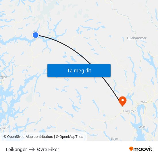 Leikanger to Øvre Eiker map