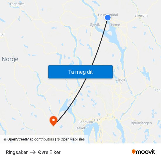 Ringsaker to Øvre Eiker map