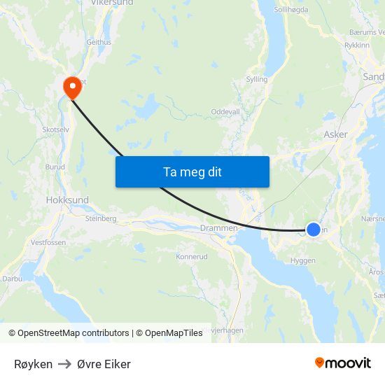 Røyken to Øvre Eiker map