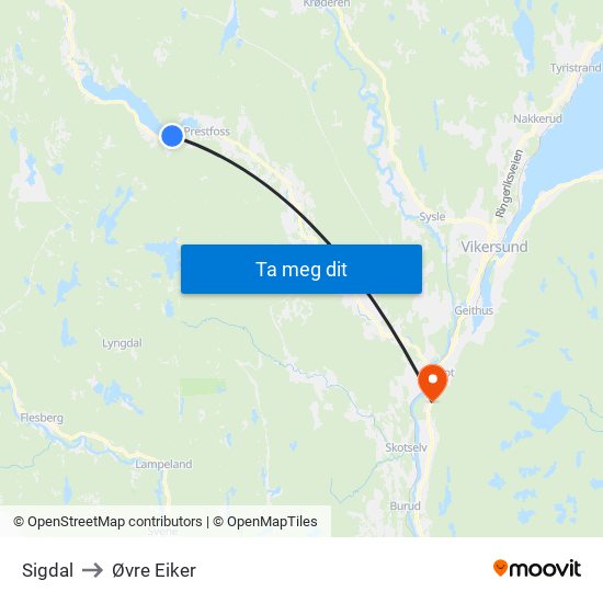 Sigdal to Øvre Eiker map