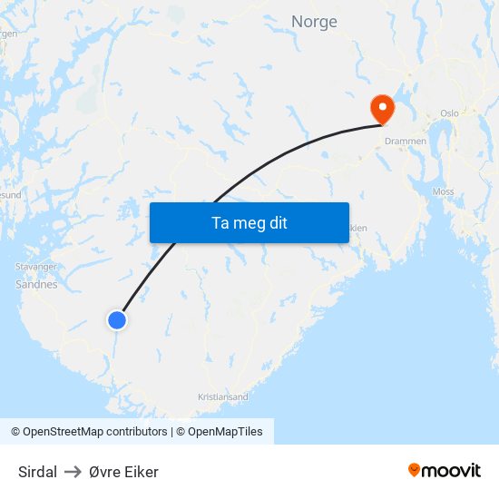 Sirdal to Øvre Eiker map
