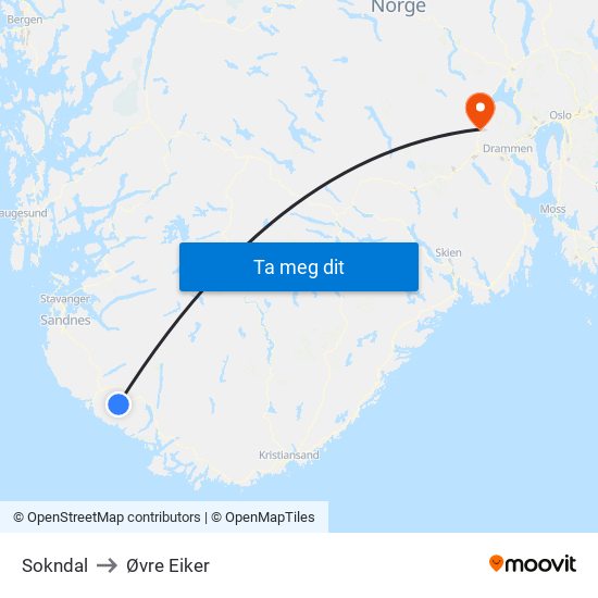 Sokndal to Øvre Eiker map