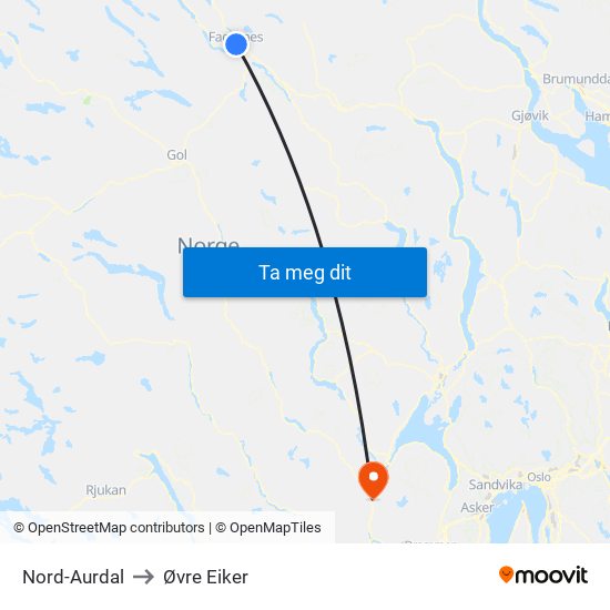 Nord-Aurdal to Øvre Eiker map