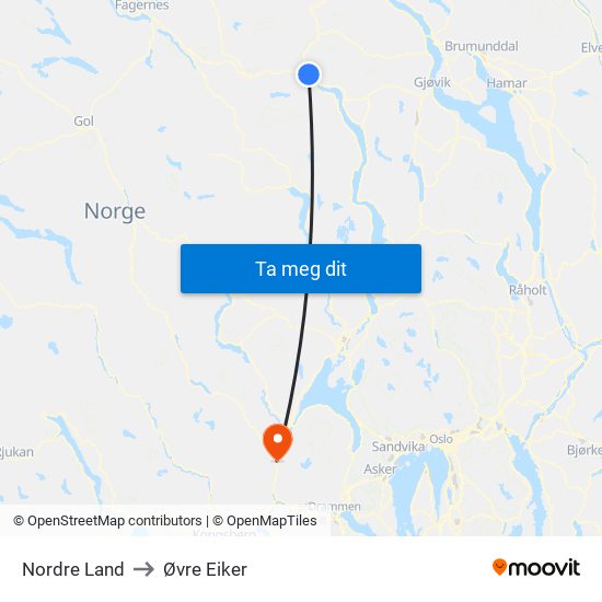 Nordre Land to Øvre Eiker map