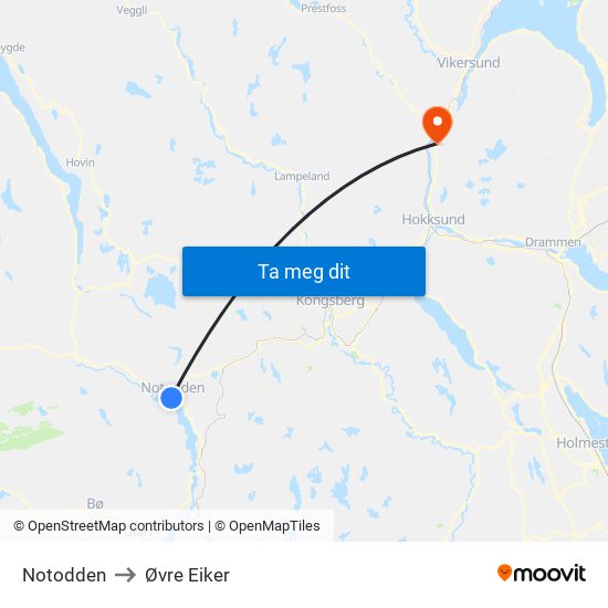 Notodden to Øvre Eiker map