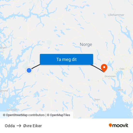 Odda to Øvre Eiker map