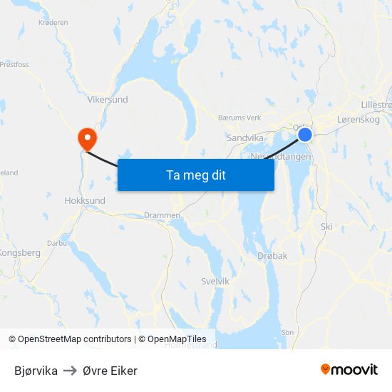 Bjørvika to Øvre Eiker map