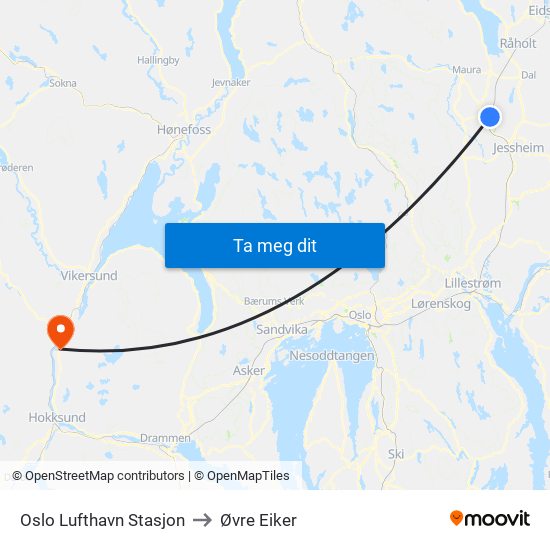 Oslo Lufthavn Stasjon to Øvre Eiker map