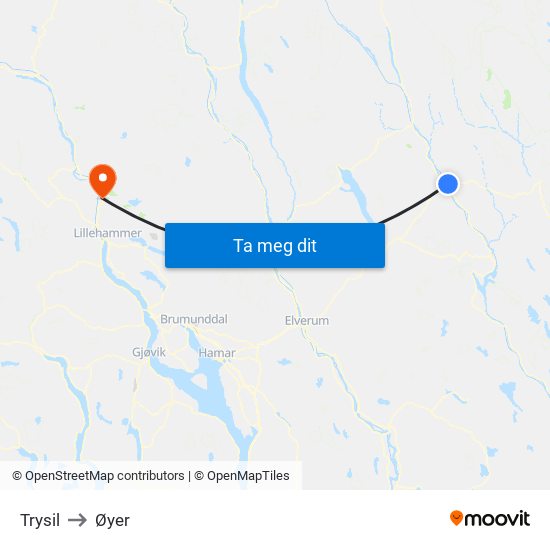 Trysil to Øyer map