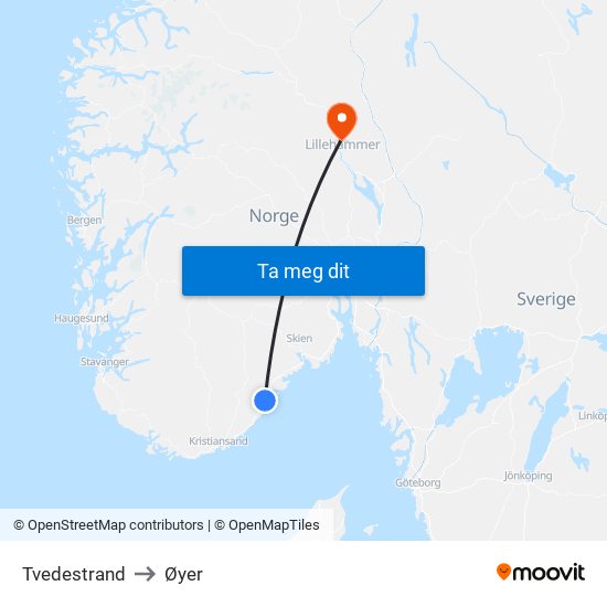 Tvedestrand to Øyer map