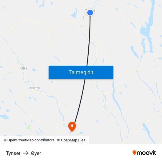 Tynset to Øyer map