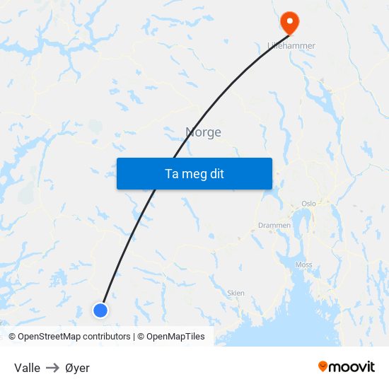 Valle to Øyer map