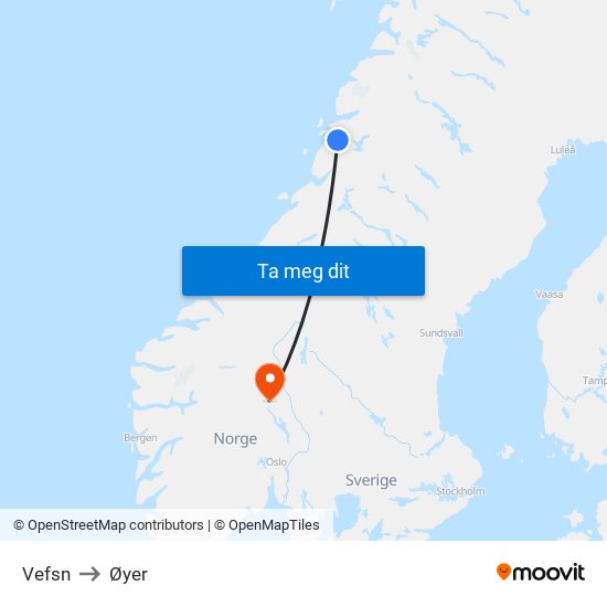 Vefsn to Øyer map