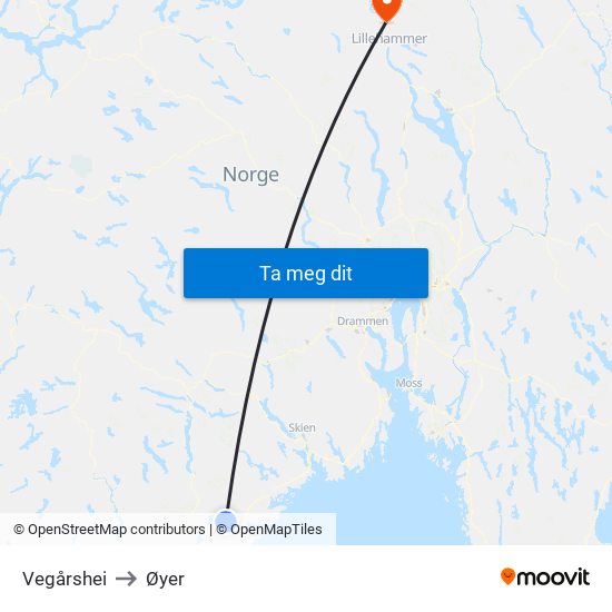 Vegårshei to Øyer map