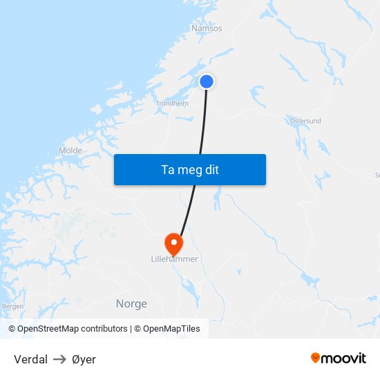 Verdal to Øyer map