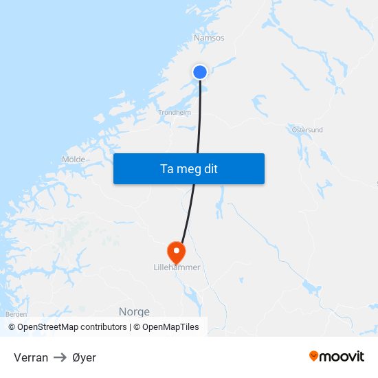 Verran to Øyer map