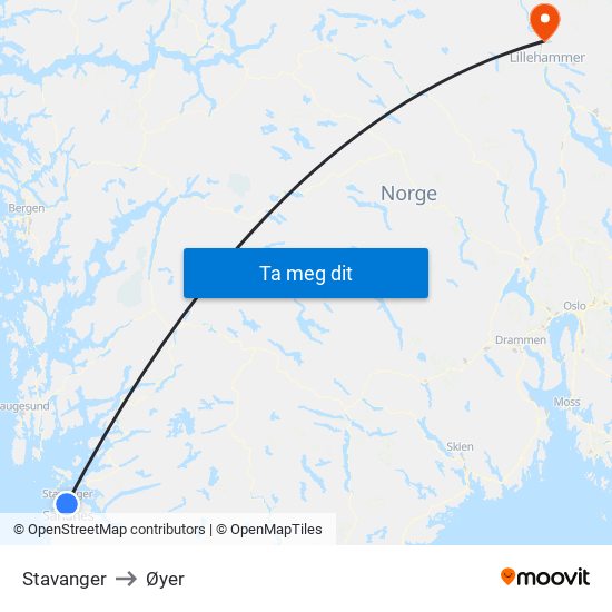 Stavanger to Øyer map