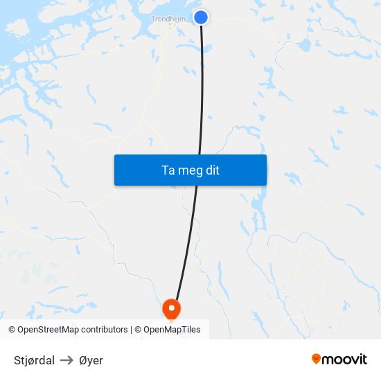 Stjørdal to Øyer map