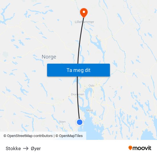 Stokke to Øyer map