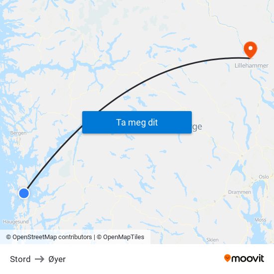 Stord to Øyer map