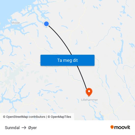Sunndal to Øyer map