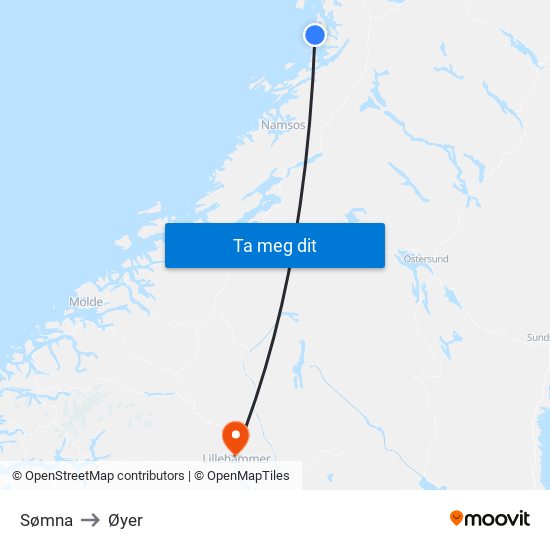 Sømna to Øyer map