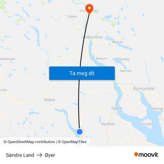 Søndre Land to Øyer map