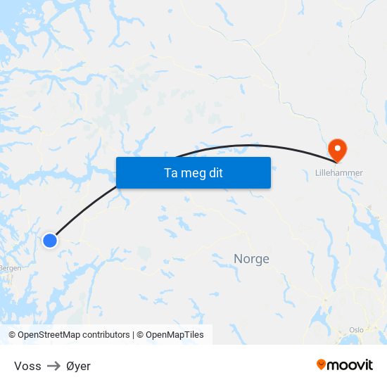 Voss to Øyer map