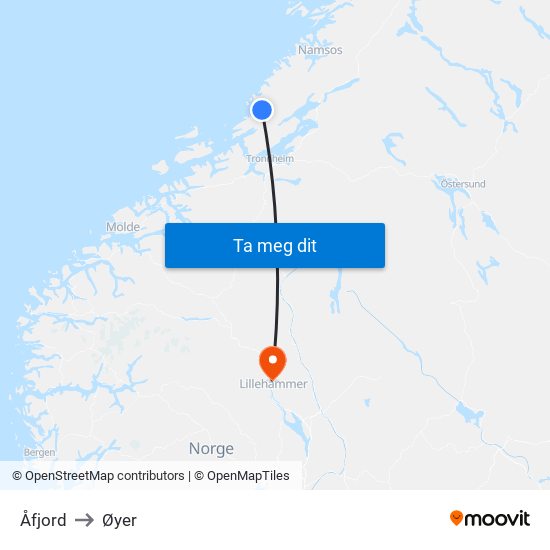 Åfjord to Øyer map