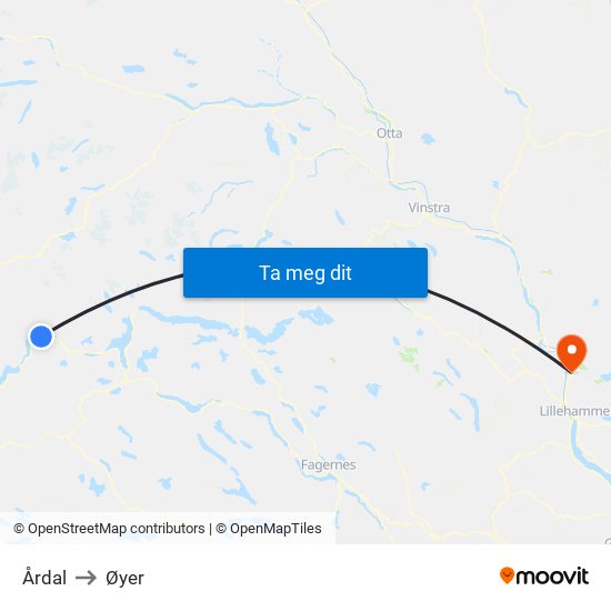 Årdal to Øyer map