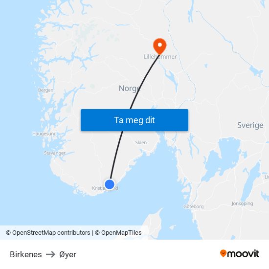 Birkenes to Øyer map