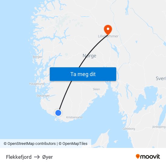 Flekkefjord to Øyer map