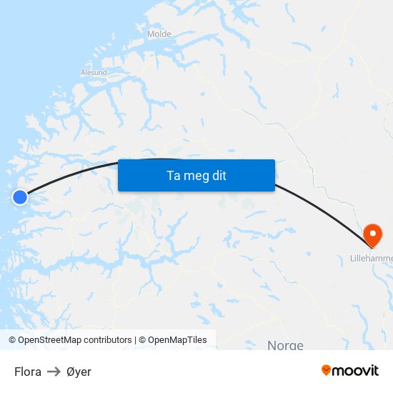 Flora to Øyer map