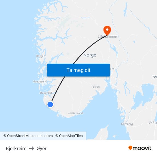 Bjerkreim to Øyer map