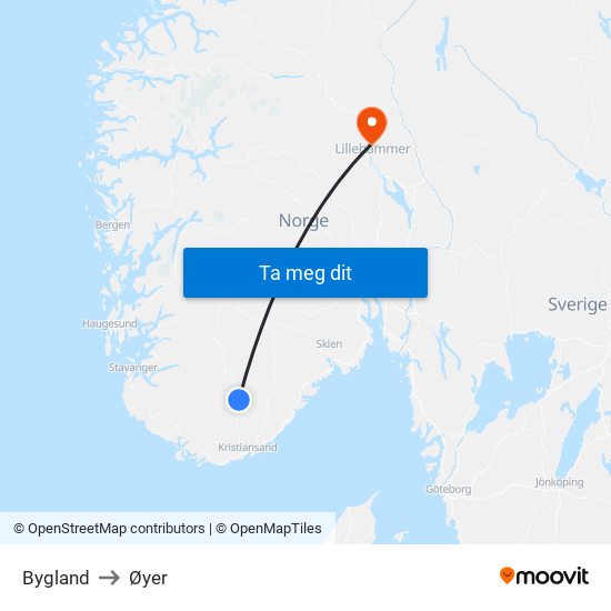 Bygland to Øyer map