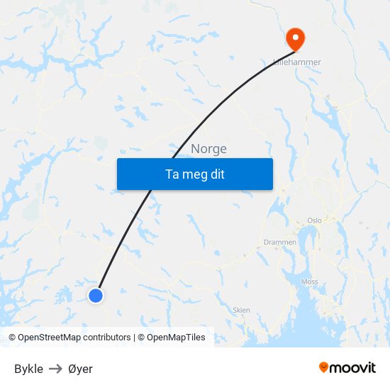 Bykle to Øyer map