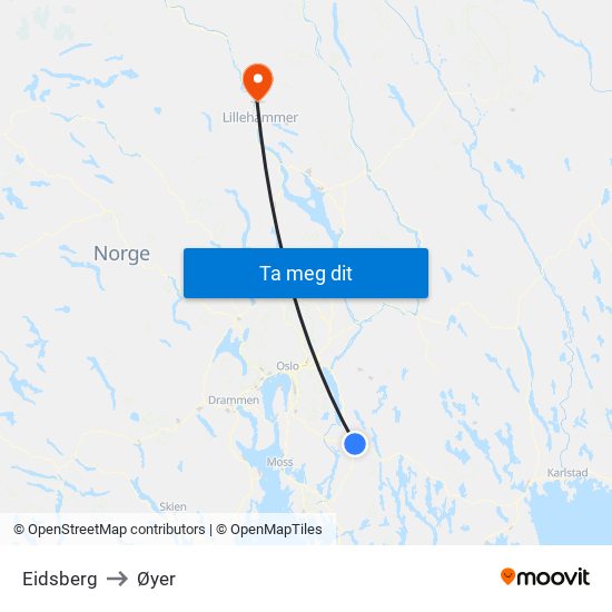 Eidsberg to Øyer map