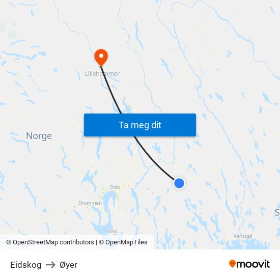 Eidskog to Øyer map