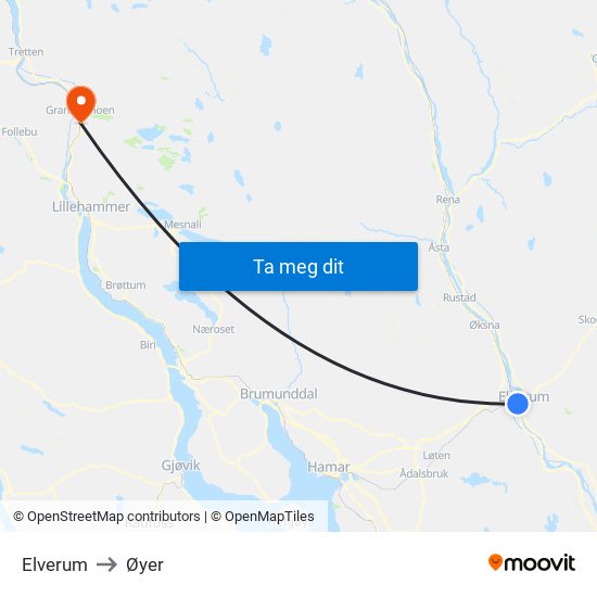 Elverum to Øyer map