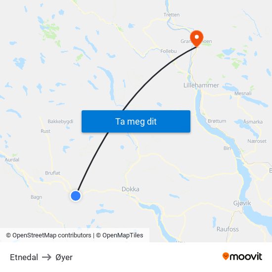 Etnedal to Øyer map