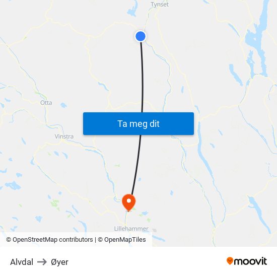 Alvdal to Øyer map