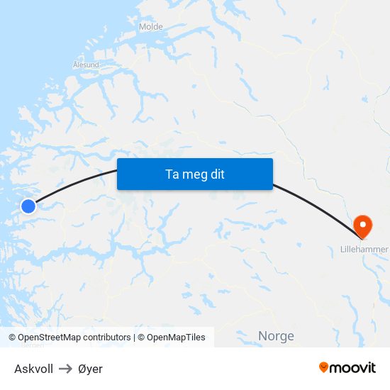 Askvoll to Øyer map