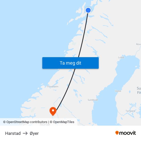 Harstad to Øyer map