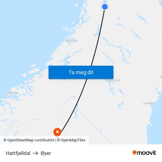 Hattfjelldal to Øyer map