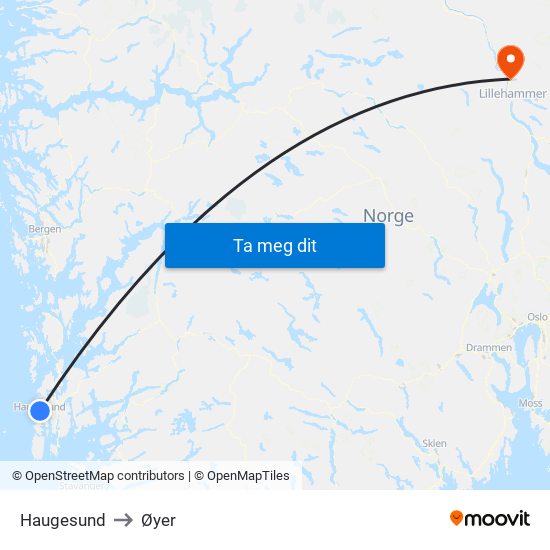 Haugesund to Øyer map