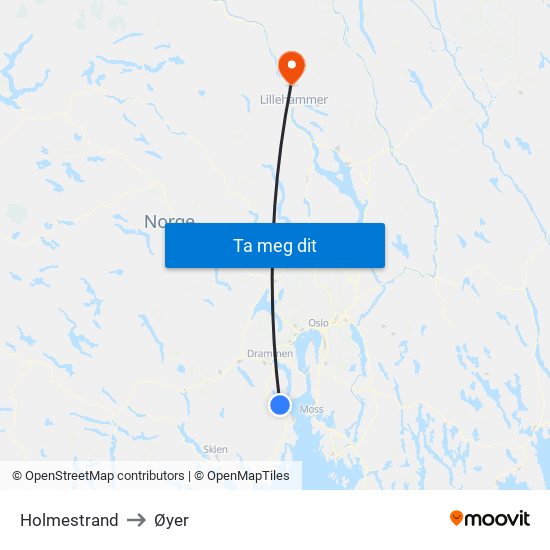 Holmestrand to Øyer map